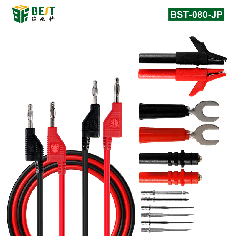 BST-080-JP 組裝式疊插香蕉插頭測(cè)試線14PCS 多功能組合測(cè)試線套裝 香蕉插轉(zhuǎn)U型插片/鱷魚(yú)夾/萬(wàn)用表棒/表筆線細(xì)尖探針 2000V20A大電流